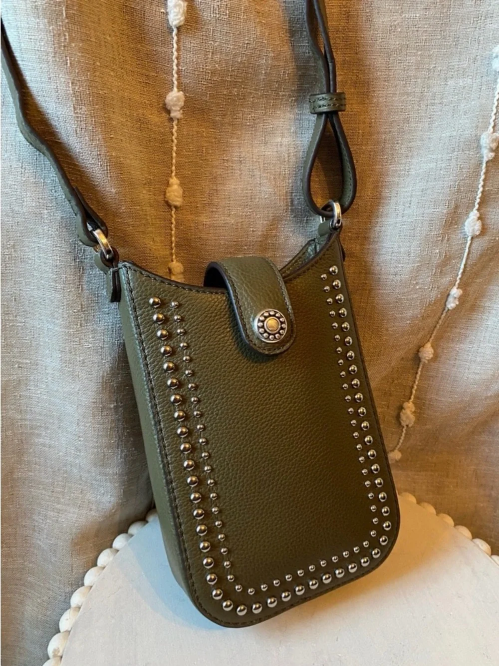 Brighton Pretty Tough Phone Pouch Olive Green Studded Crossbody-EUC